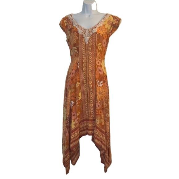 Lola P Orange Floral Print Midi Dress Crochet Neck Tie Waist Asymmetrical Hem - Picture 1 of 5